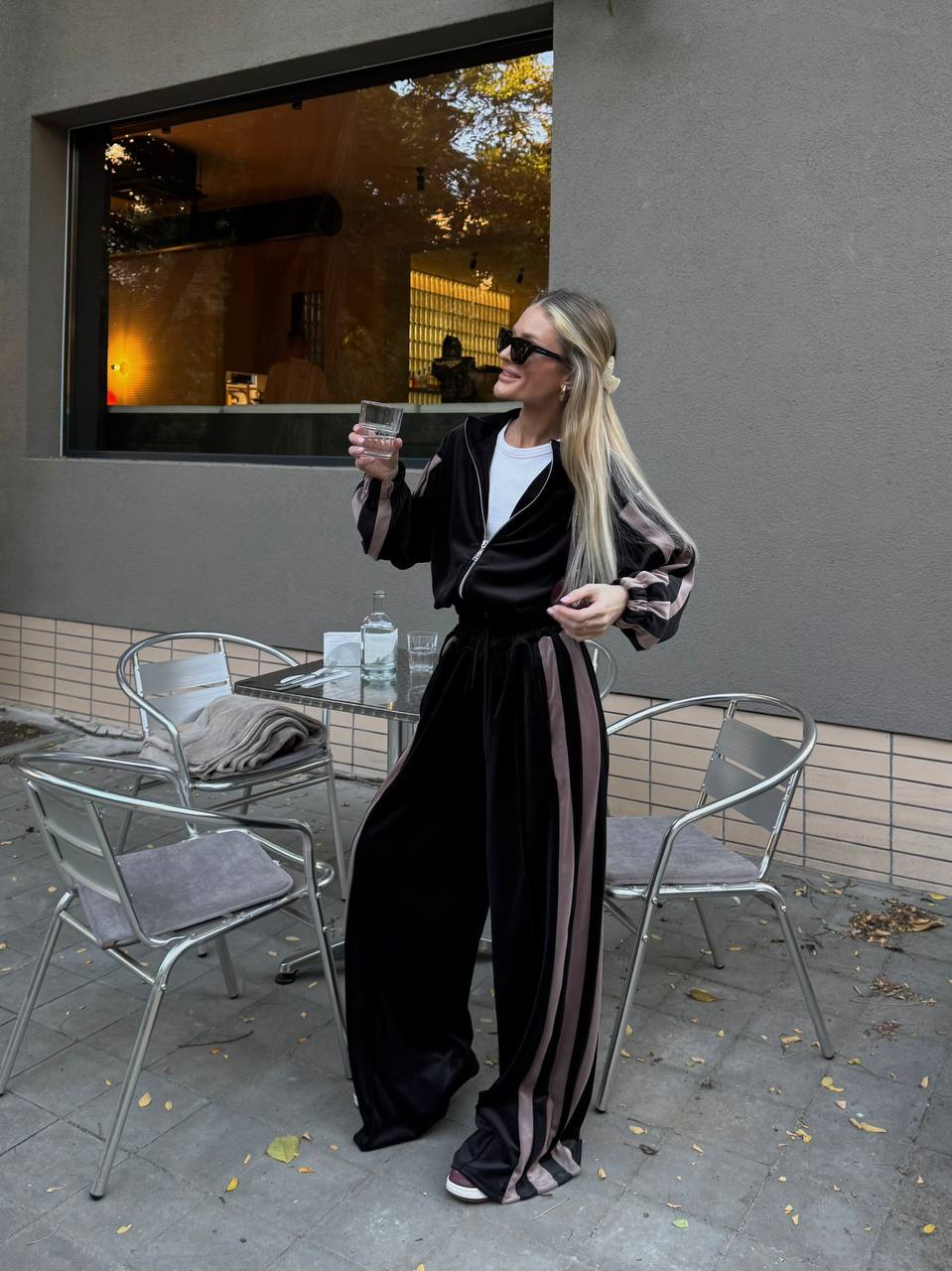 Velour Tracksuit, 2 Piece Set with Striped Joggers & Zip Hoodie, Elegant Loungewear