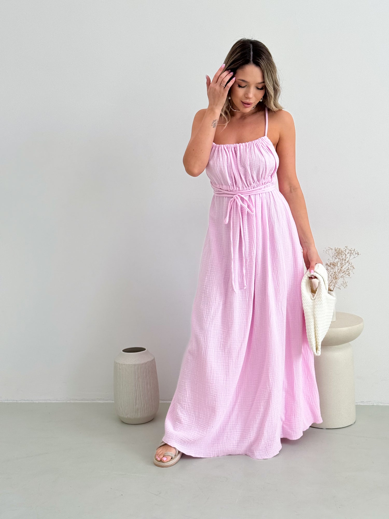 Pink Linen Maxi Dress – Open Back Boho Summer Dress 