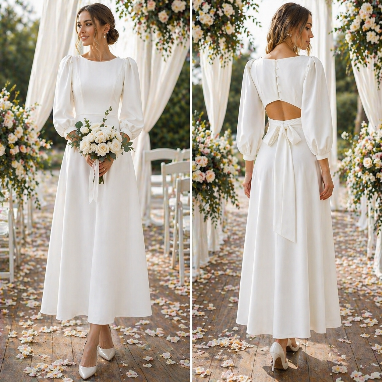 Woman in a white wedding dress with long sleeves standing in a decorated outdoor setting.