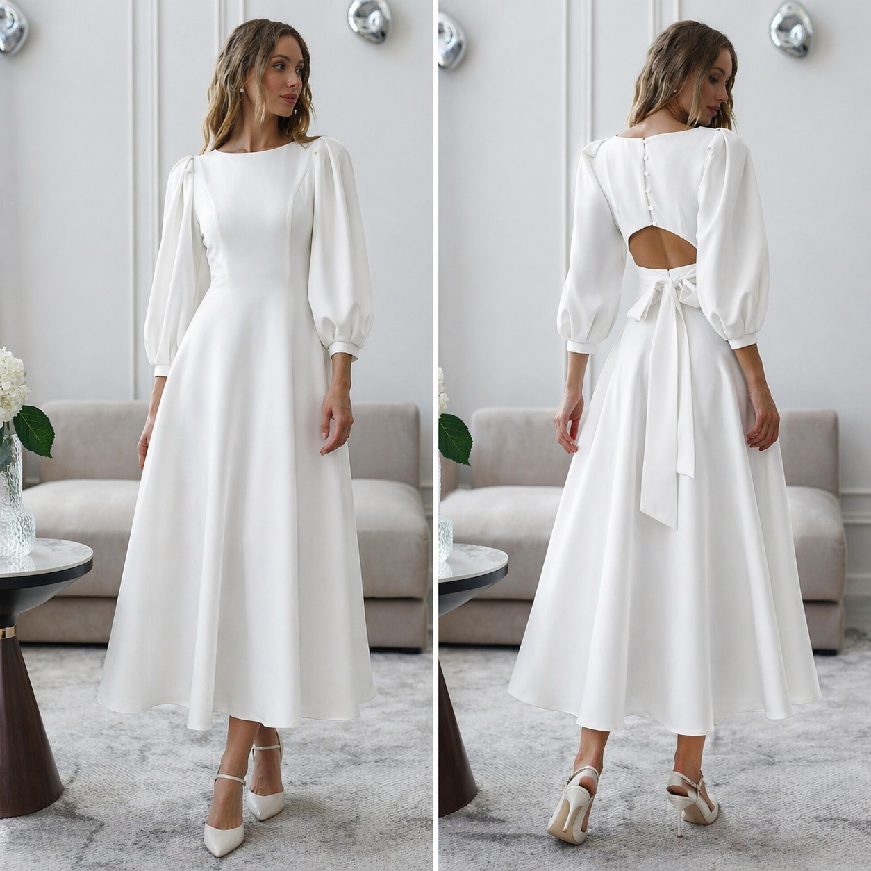 Woman wearing a white dress with long sleeves and cutout back in a room.