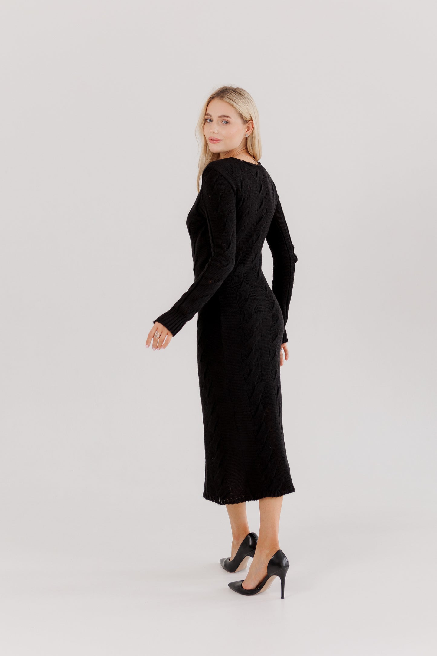 Black Knit Midi Dress — Wool Blend Cable Knit Bodycon, Winter Elegant Dress