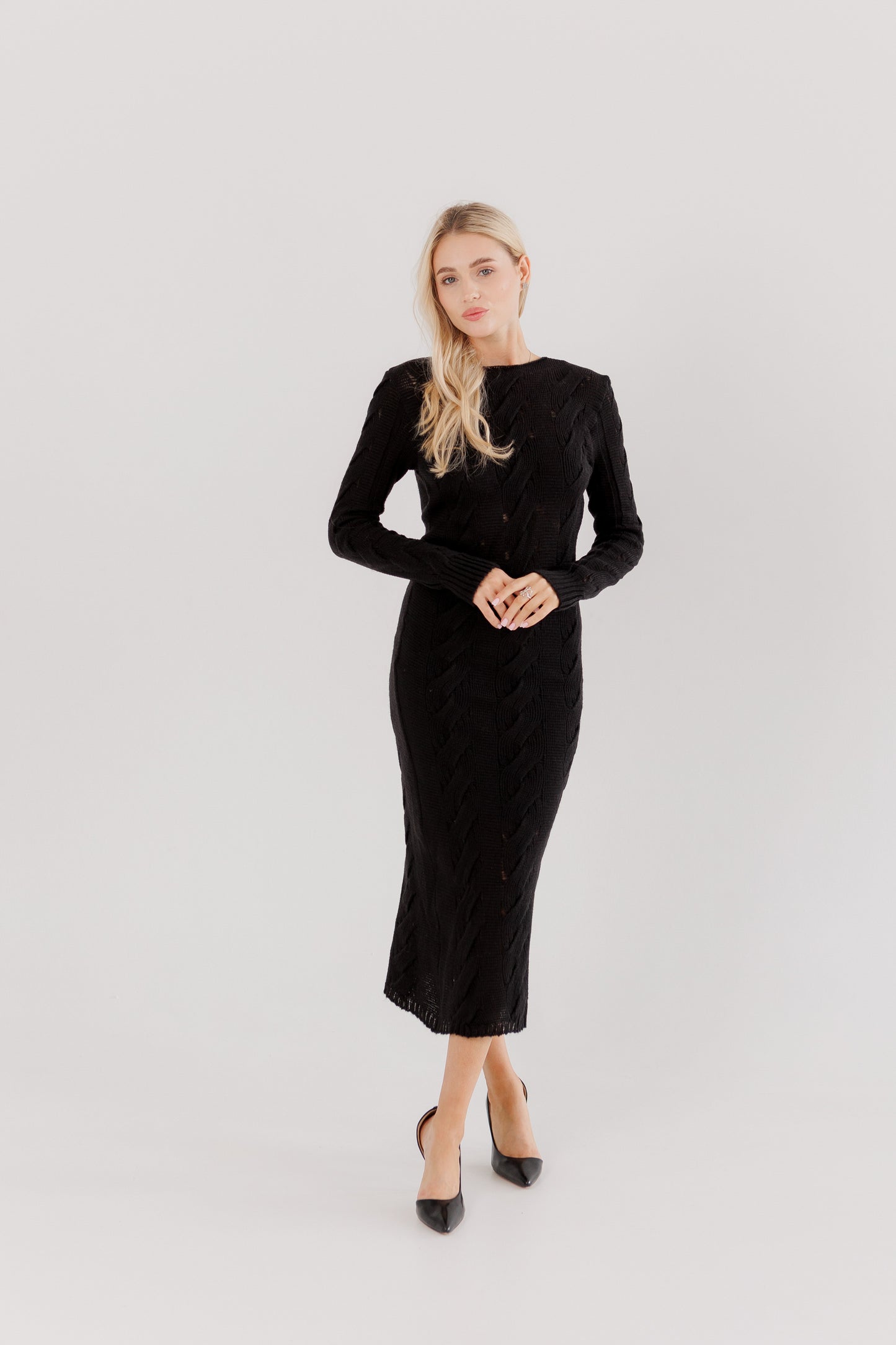 Black Knit Midi Dress — Wool Blend Cable Knit Bodycon, Winter Elegant Dress