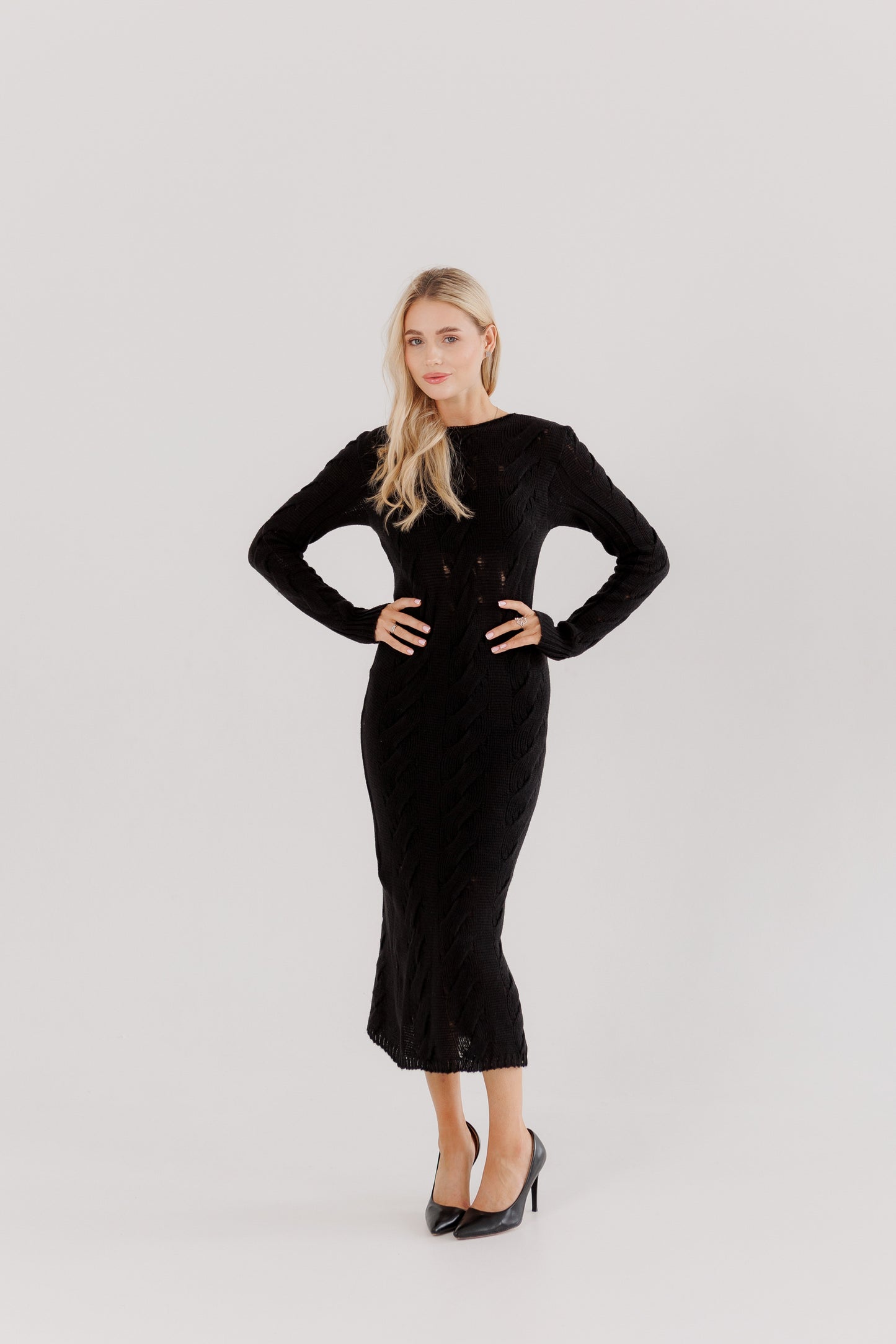 Black Knit Midi Dress — Wool Blend Cable Knit Bodycon, Winter Elegant Dress