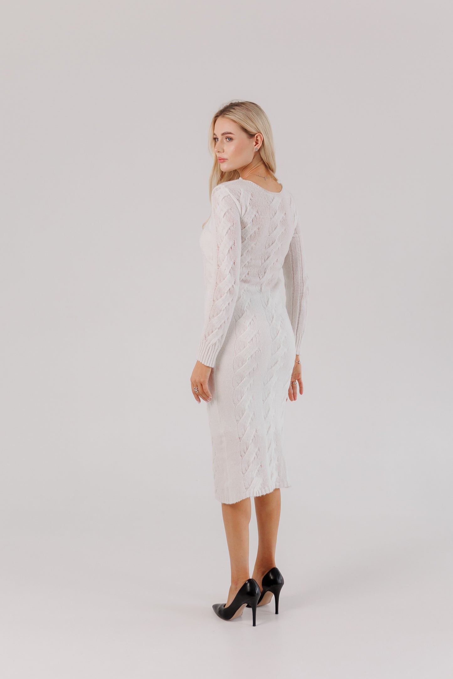 White Knit Midi Dress — Wool Blend Cable Knit Bodycon, Winter Elegant Dress