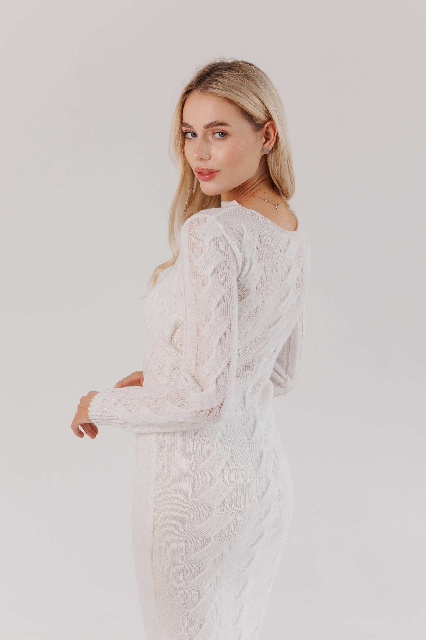 White Knit Midi Dress — Wool Blend Cable Knit Bodycon, Winter Elegant Dress