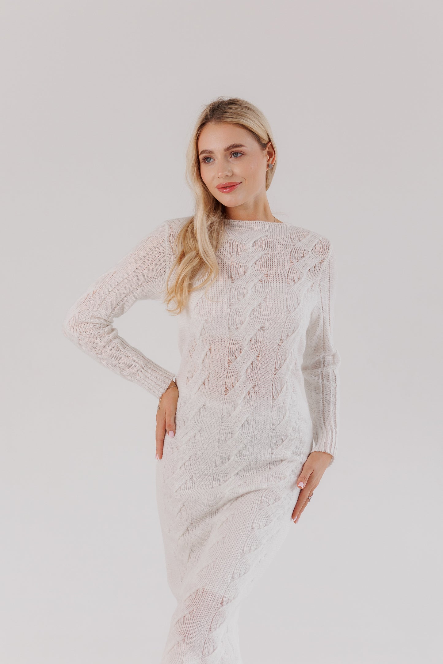 White Knit Midi Dress — Wool Blend Cable Knit Bodycon, Winter Elegant Dress