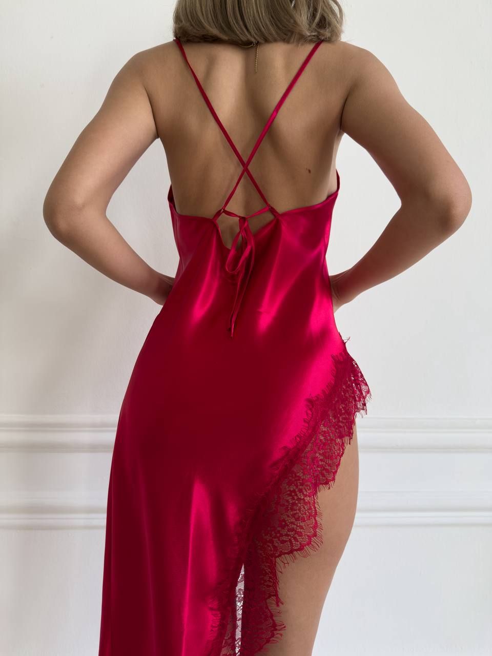 Red Satin Slip Dress – Lace Trim Nightgown, Sexy Lingerie, Boudoir Chemise