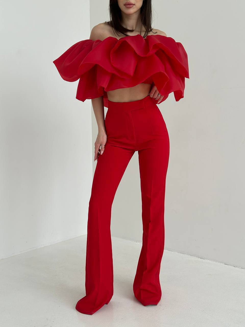 This unique two-piece statement top is designed to create a dramatic, elegant silhouette and instantly elevate any outfit.
The base top is made from a soft, comfortable fabric, while the voluminous ruffles are crafted from lightweight organza, adding movement, airiness, and a couture-inspired look.

The top features elastic bands at the top and bottom, ensuring a secure yet comfortable fit that adapts to the body and stays in place.
The layered construction creates a bold visual effect while remaining light
