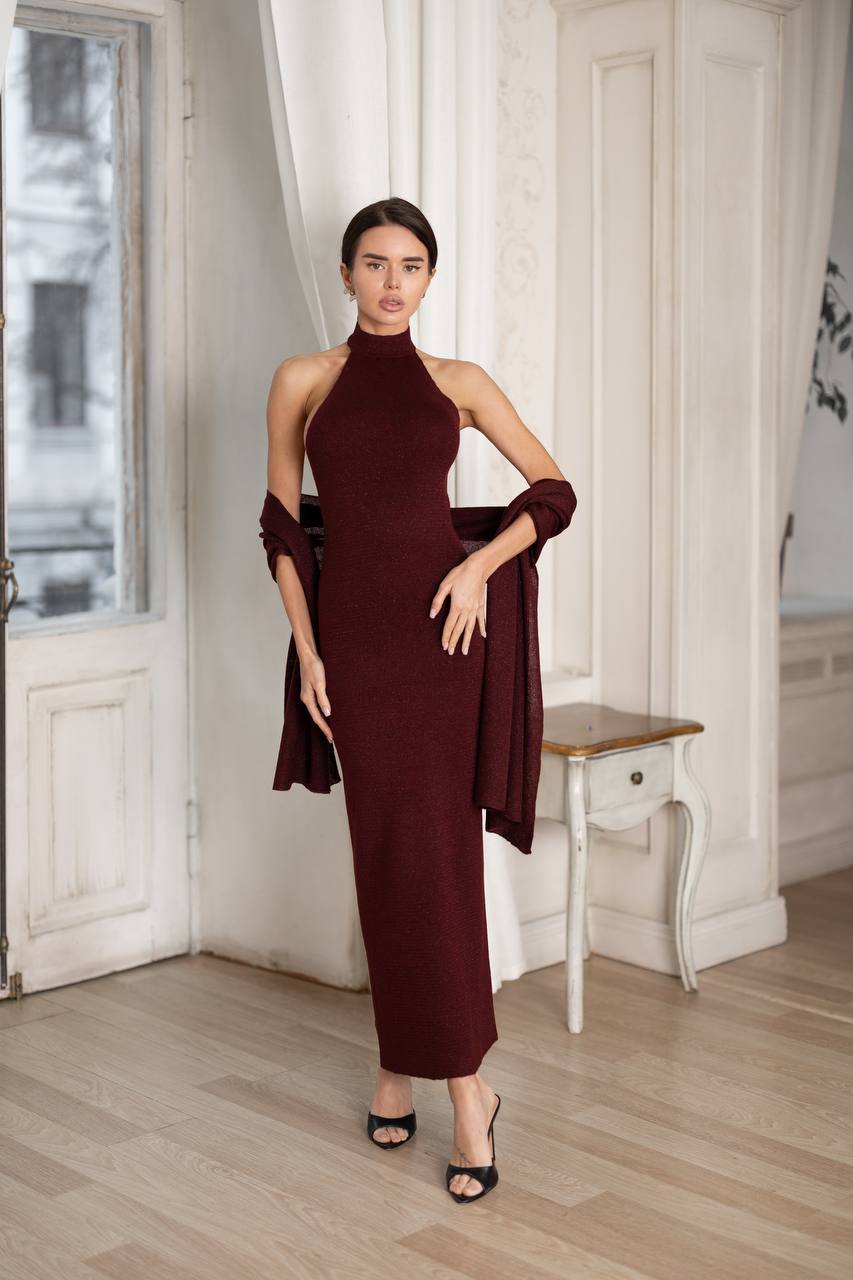 Halter Neck Knit Maxi Dress with Matching Shawl – Open Back Elegant Long Dress, Minimal Evening Outfit