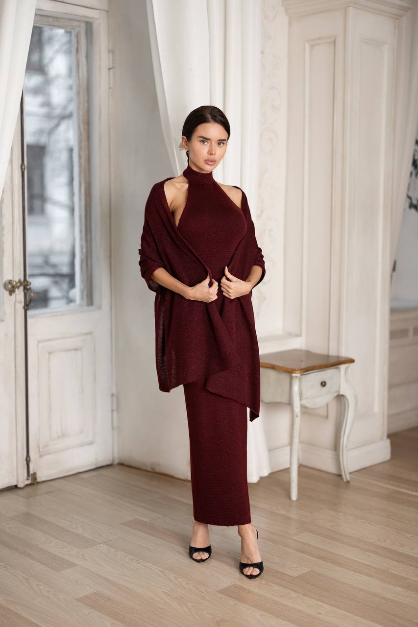 Halter Neck Knit Maxi Dress with Matching Shawl – Open Back Elegant Long Dress, Minimal Evening Outfit