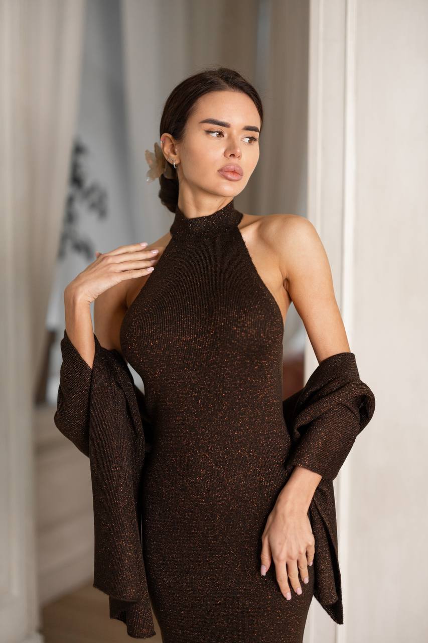 Halter Neck Knit Maxi Dress with Matching Shawl – Open Back Elegant Long Dress, Minimal Evening Outfit