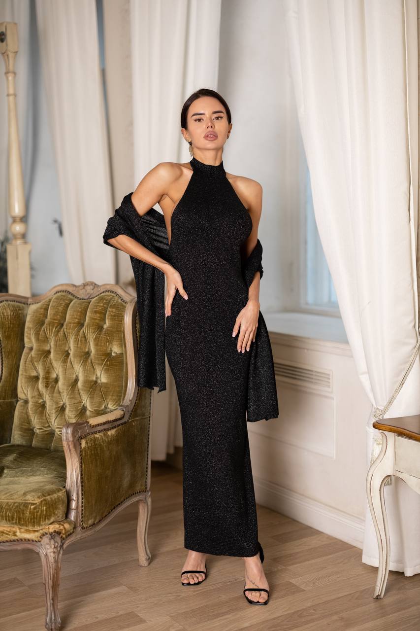 Halter Neck Knit Maxi Dress with Matching Shawl Open Back Elegant Lo Meravia Halter Neck Knit Maxi Dress with Matching Shawl Open Back Elegant Lo Meravia