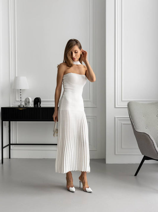 Choker Neck Pleated Knit Maxi Dress – Elegant Long Evening Dress for Women