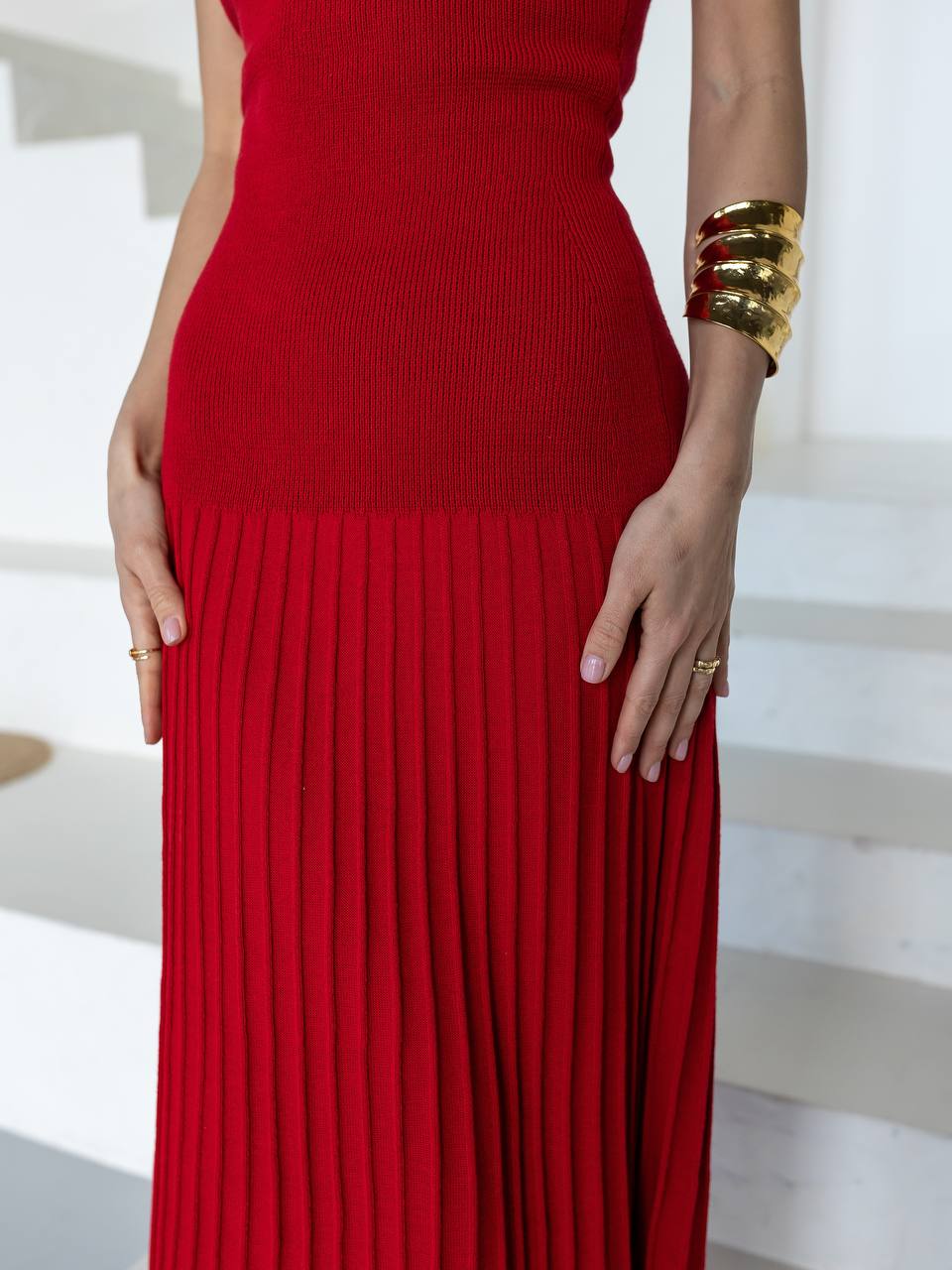 Choker Neck Pleated Knit Maxi Dress – Elegant Long Evening Dress for Women