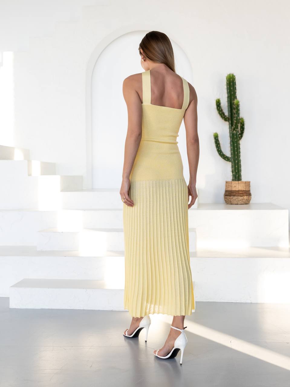 Choker Neck Pleated Knit Maxi Dress – Elegant Long Evening Dress for Women