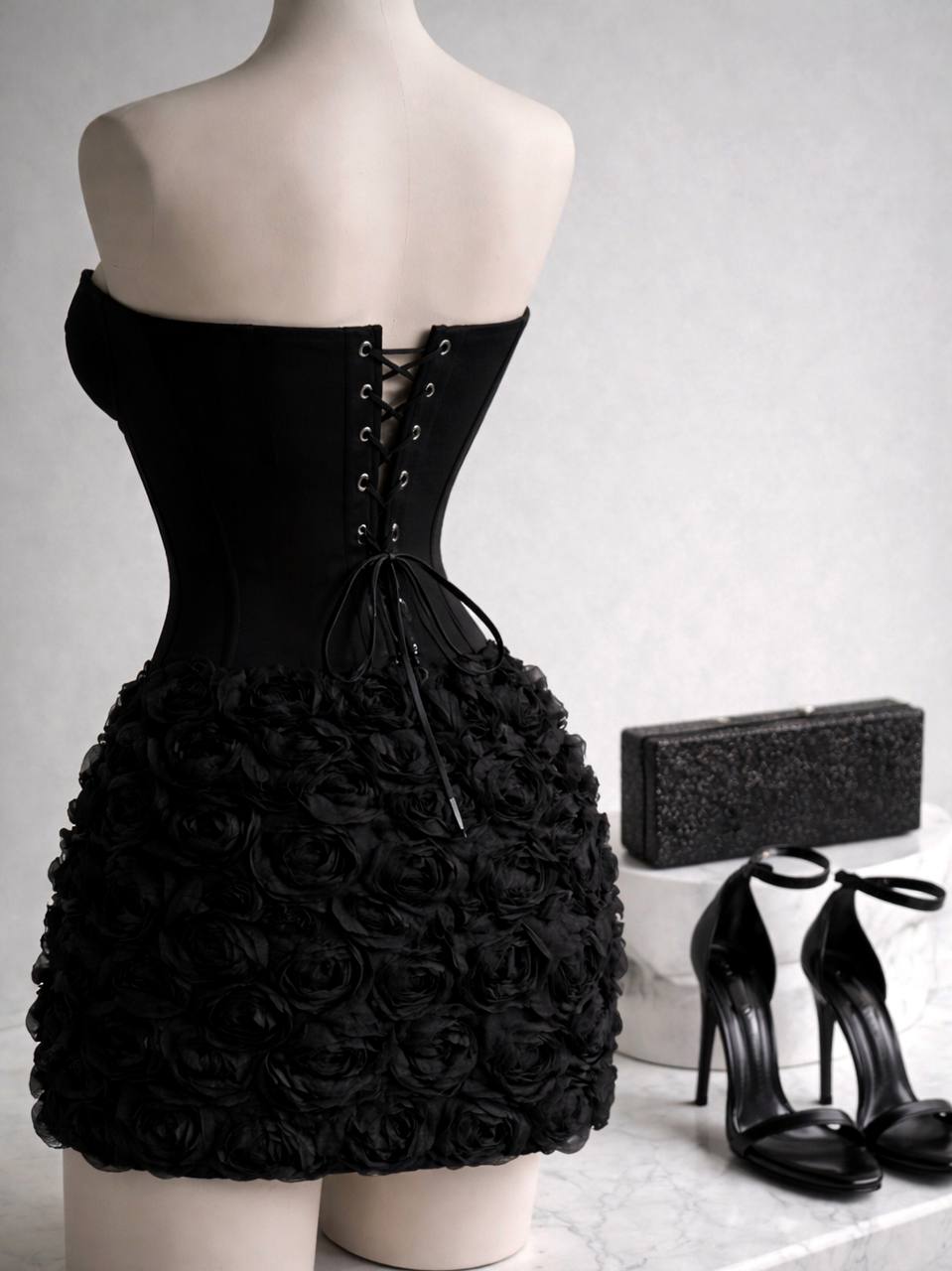 Black strapless dress with floral details on a mannequin, accompanied by black high heels and clutch.