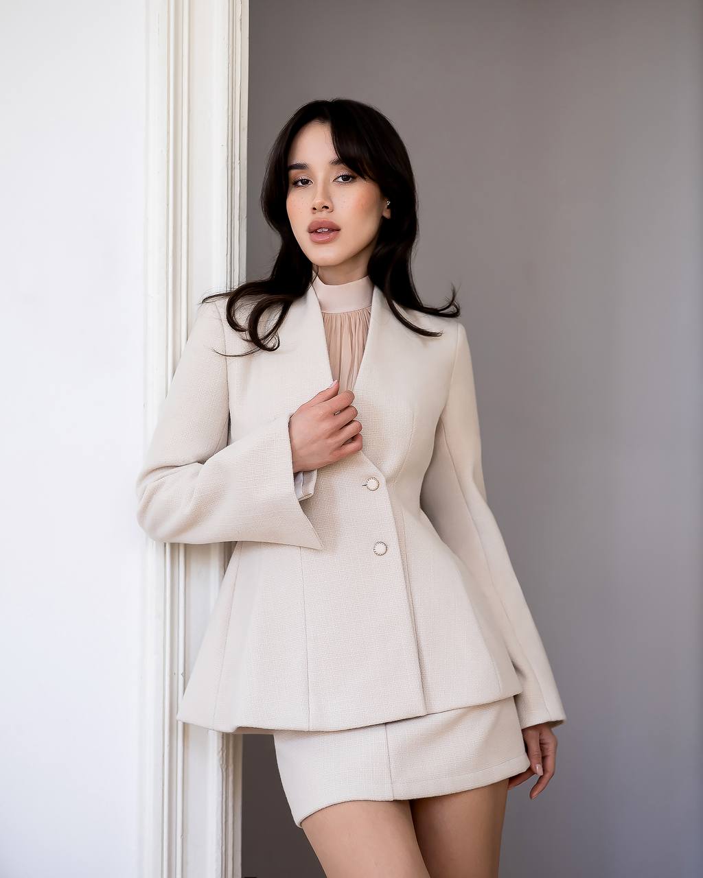Elegant 2-Piece Tweed Blazer and Mini Skirt Suit, Tailored Designer Office Wear, Formal Matching Set, Chic Fall Winter Outfit, Clothing Gift
