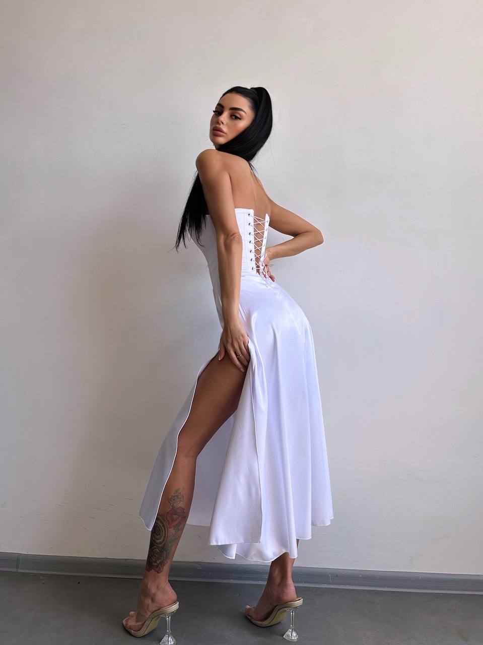 Satin Corset Midi Dress, High Slit Cocktail Party Dress, Wedding Guest Dress, Romantic Date Night Dress, Bridesmaid,Prom Dress,Clothing Gift