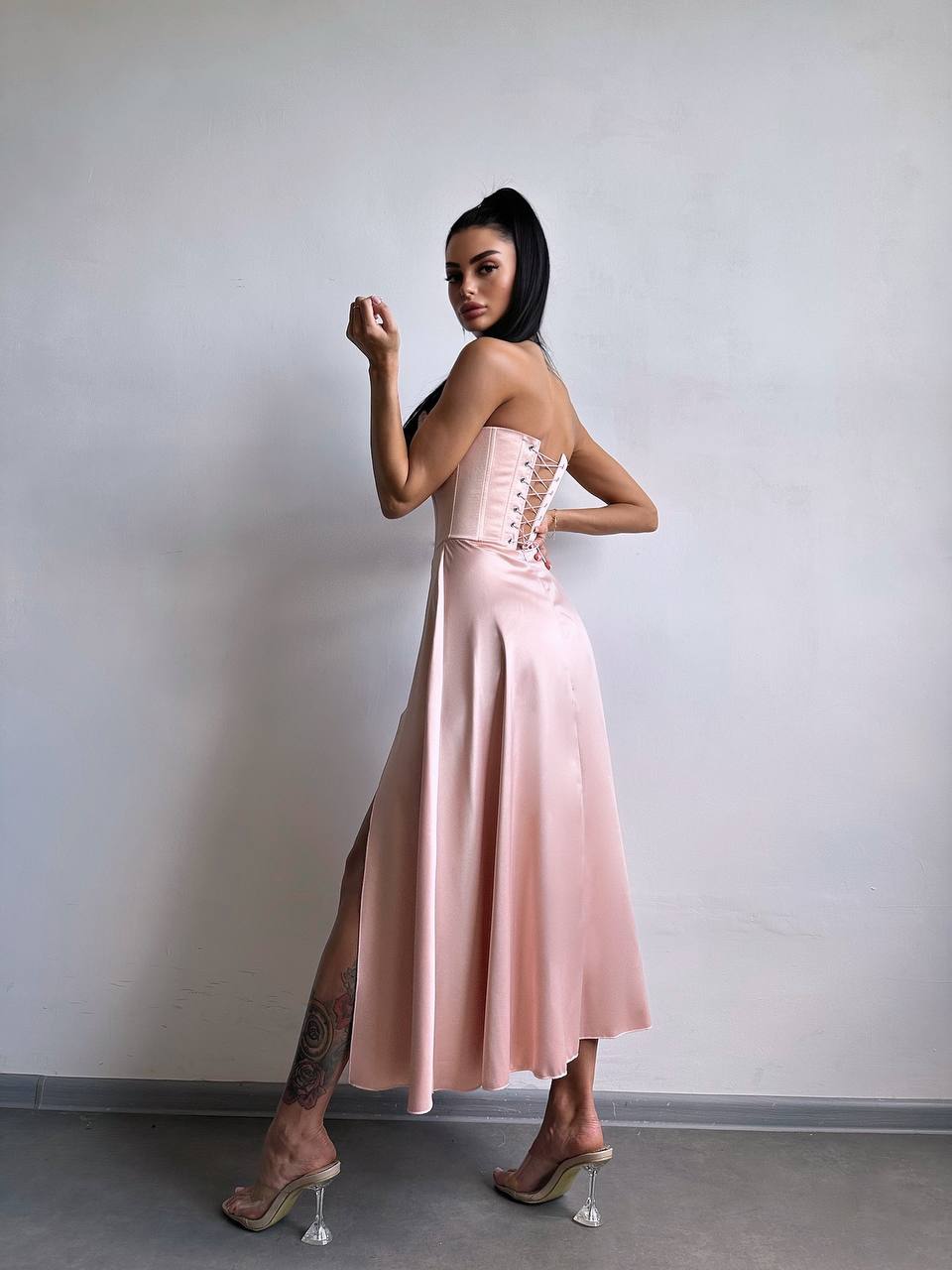 Satin Corset Midi Dress, High Slit Cocktail Party Dress, Wedding Guest Dress, Romantic Date Night Dress, Bridesmaid,Prom Dress,Clothing Gift