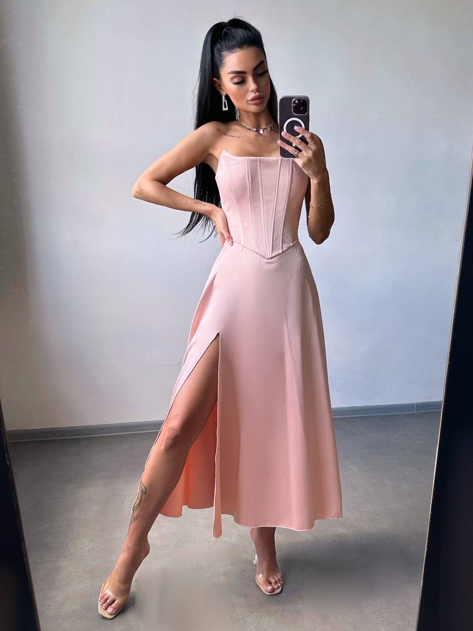 Satin Corset Midi Dress, High Slit Cocktail Party Dress, Wedding Guest Dress, Romantic Date Night Dress, Bridesmaid,Prom Dress,Clothing Gift