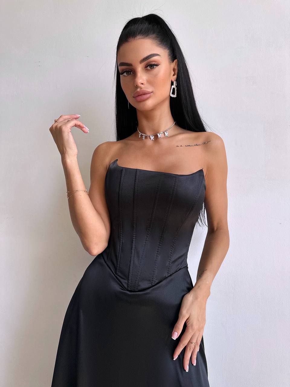 Satin Corset Midi Dress, High Slit Cocktail Party Dress, Wedding Guest Dress, Romantic Date Night Dress, Bridesmaid,Prom Dress,Clothing Gift