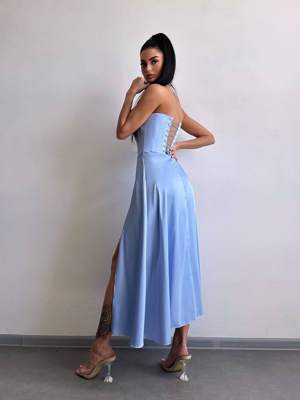 Satin Corset Midi Dress, High Slit Cocktail Party Dress, Wedding Guest Dress, Romantic Date Night Dress, Bridesmaid,Prom Dress,Clothing Gift