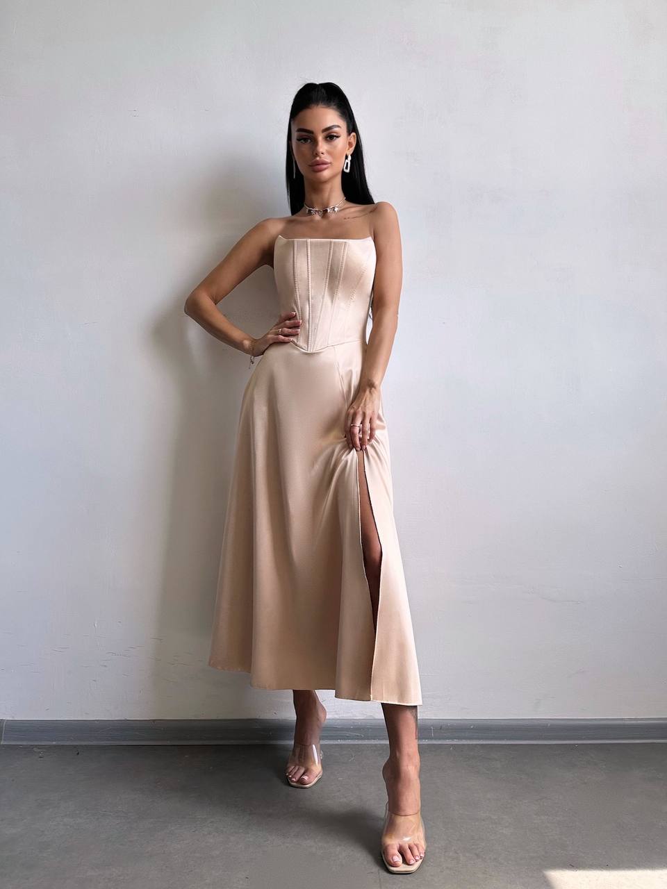 Satin Corset Midi Dress, High Slit Cocktail Party Dress, Wedding Guest Dress, Romantic Date Night Dress, Bridesmaid,Prom Dress,Clothing Gift