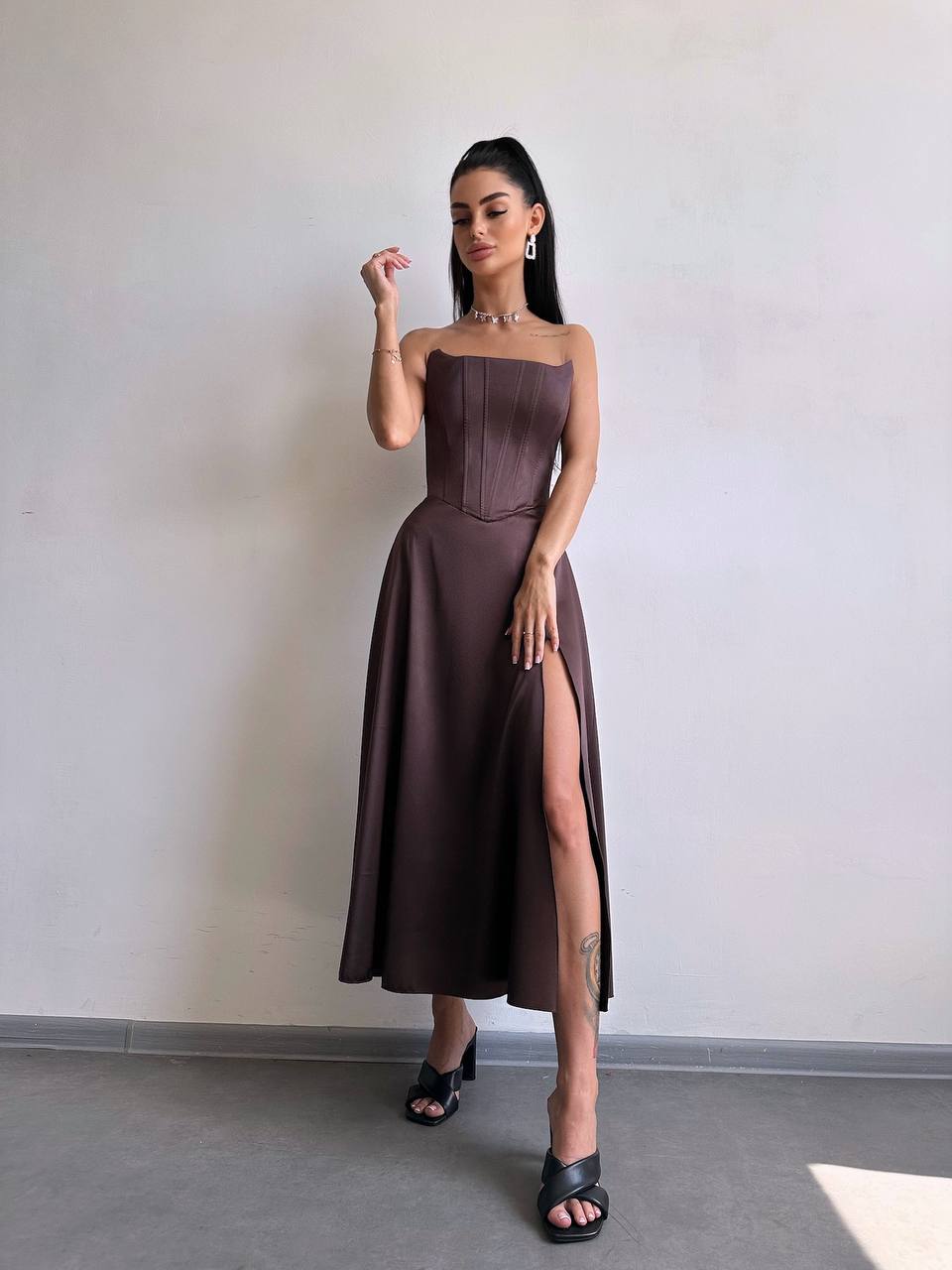 Satin Corset Midi Dress, High Slit Cocktail Party Dress, Wedding Guest Dress, Romantic Date Night Dress, Bridesmaid,Prom Dress,Clothing Gift