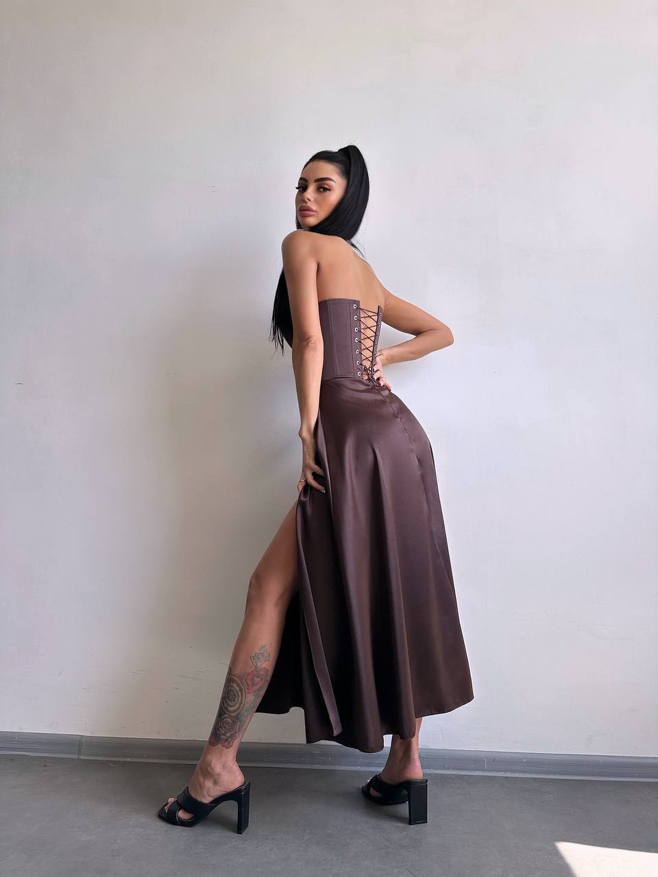 Satin Corset Midi Dress, High Slit Cocktail Party Dress, Wedding Guest Dress, Romantic Date Night Dress, Bridesmaid,Prom Dress,Clothing Gift