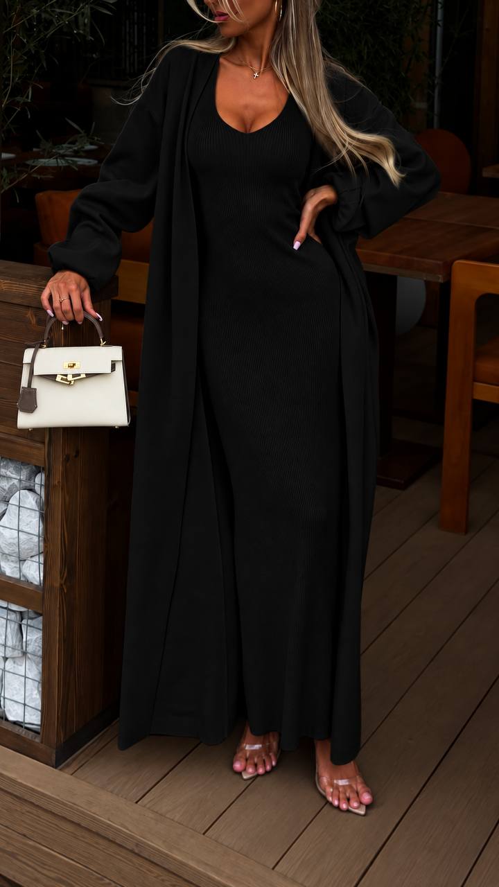 2-Piece Knit Set, Women’s Maxi Dress with Belted Cardigan, Soft Knit Fabric, Beige & Black, Everyday or Evening Outfit