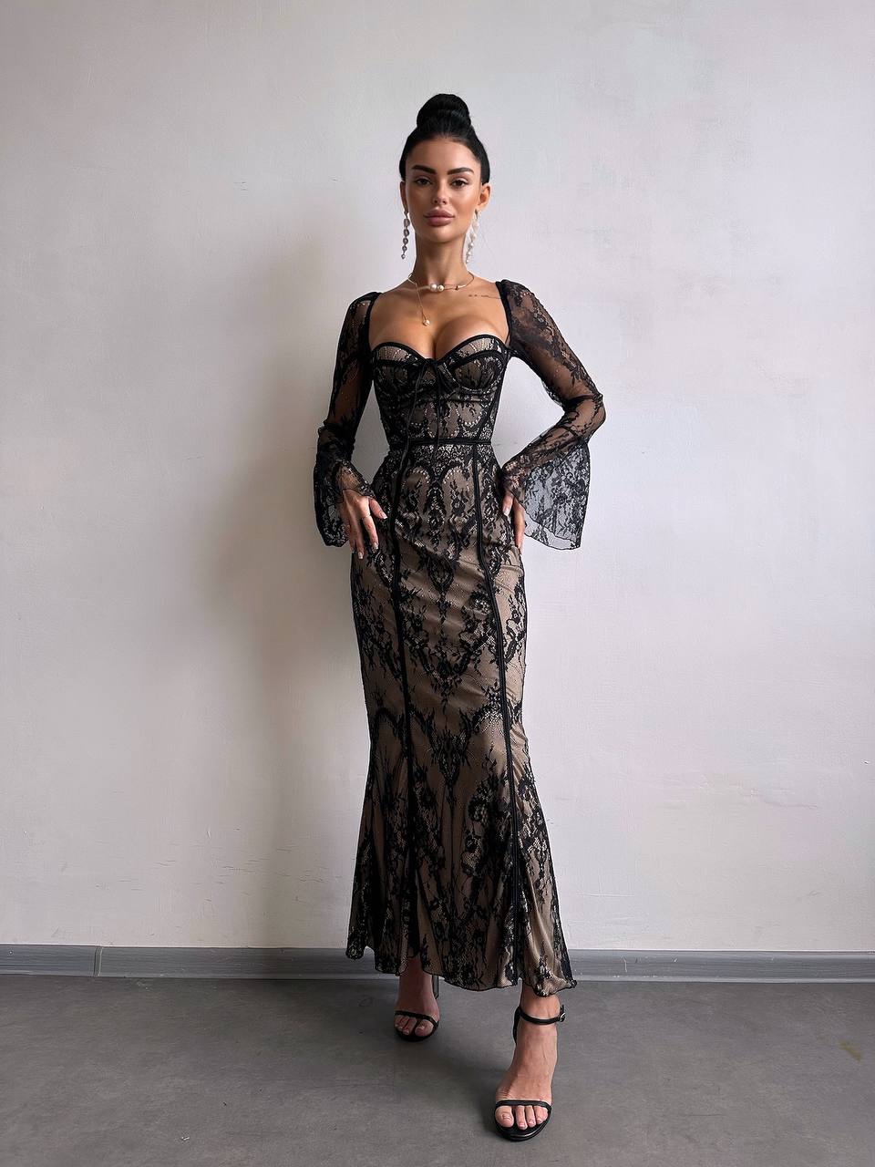 Lace Corset Maxi Dress, Long Sleeve Romantic Evening Dress, Vintage Style Slim Fit Party Gown, Occasion Dress, Cocktail Dress, Clothing Gift