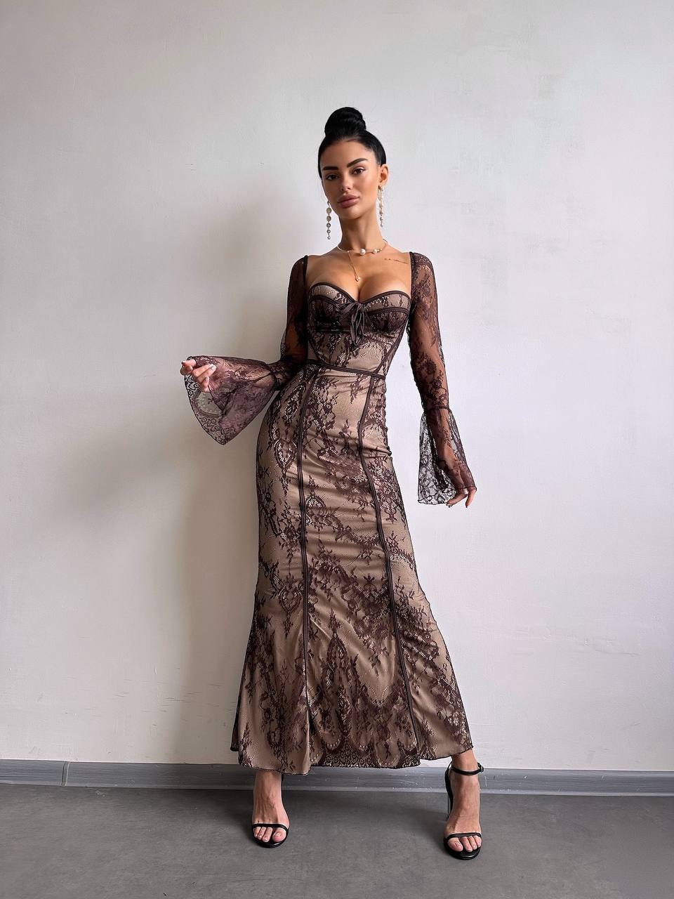 Lace Corset Maxi Dress, Long Sleeve Romantic Evening Dress, Vintage Style Slim Fit Party Gown, Occasion Dress, Cocktail Dress, Clothing Gift