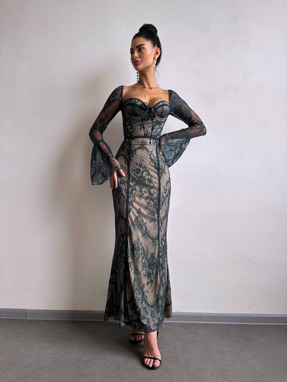Lace Corset Maxi Dress, Long Sleeve Romantic Evening Dress, Vintage Style Slim Fit Party Gown, Occasion Dress, Cocktail Dress, Clothing Gift