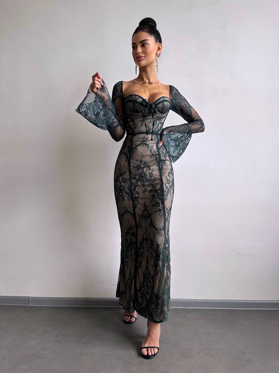 Lace Corset Maxi Dress, Long Sleeve Romantic Evening Dress, Vintage Style Slim Fit Party Gown, Occasion Dress, Cocktail Dress, Clothing Gift