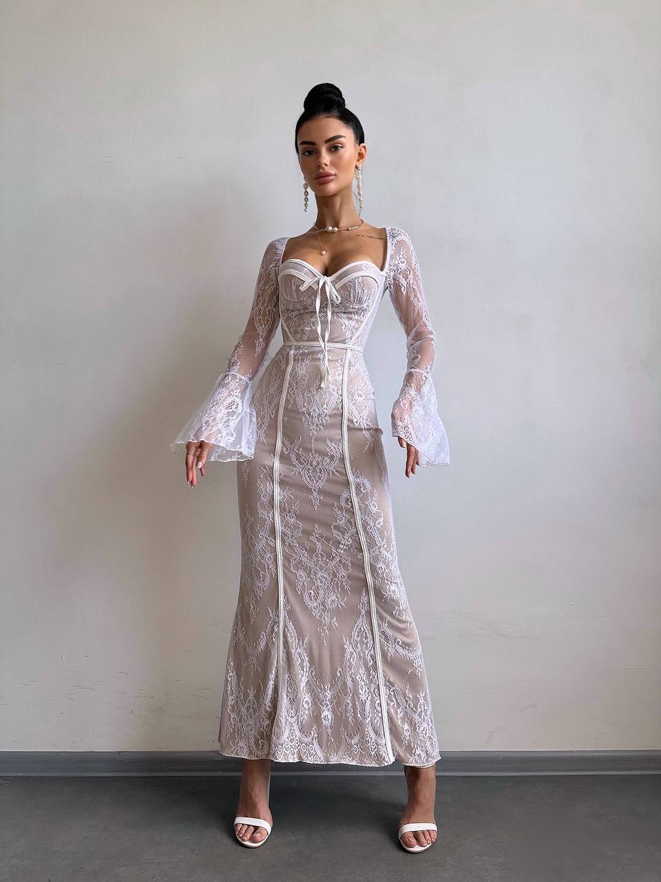 Lace Corset Maxi Dress, Long Sleeve Romantic Evening Dress, Vintage Style Slim Fit Party Gown, Occasion Dress, Cocktail Dress, Clothing Gift
