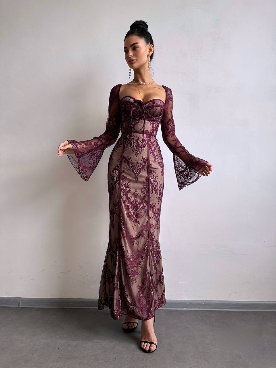 Lace Corset Maxi Dress, Long Sleeve Romantic Evening Dress, Vintage Style Slim Fit Party Gown, Occasion Dress, Cocktail Dress, Clothing Gift