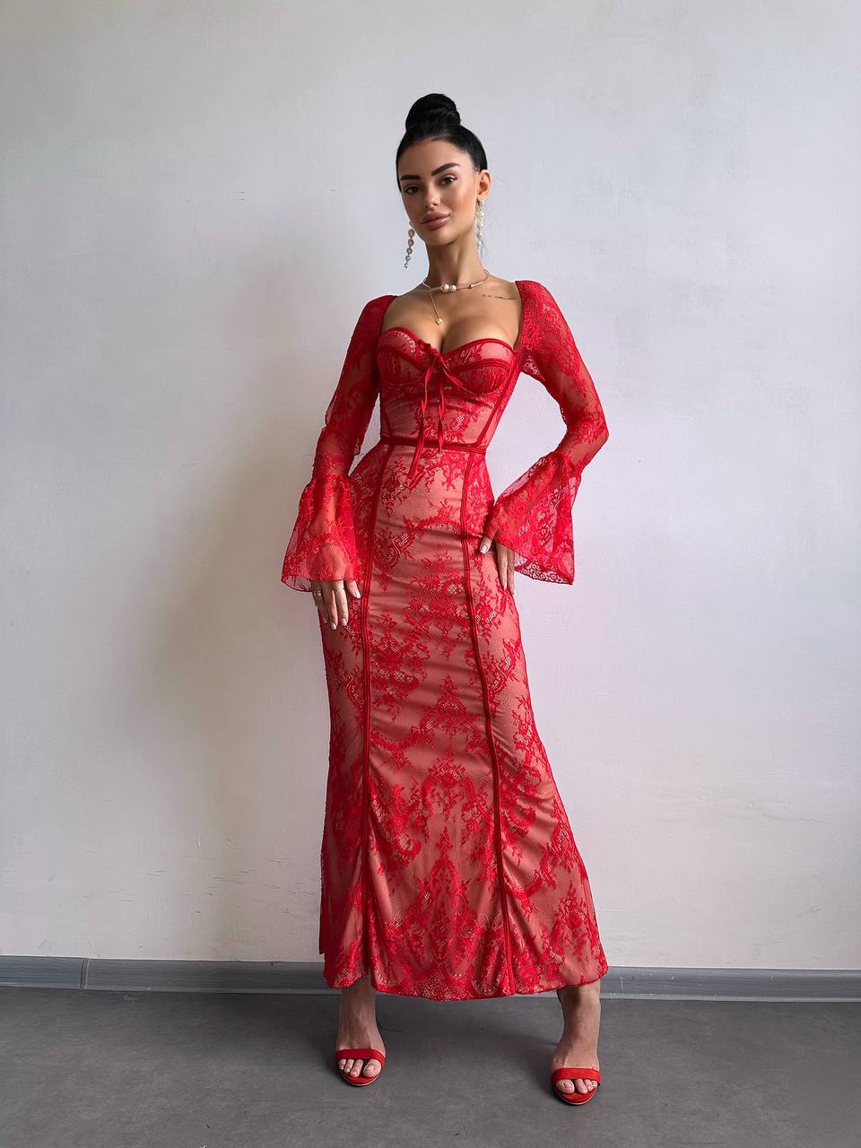 Lace Corset Maxi Dress, Long Sleeve Romantic Evening Dress, Vintage Style Slim Fit Party Gown, Occasion Dress, Cocktail Dress, Clothing Gift