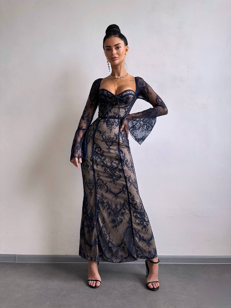 Lace Corset Maxi Dress, Long Sleeve Romantic Evening Dress, Vintage Style Slim Fit Party Gown, Occasion Dress, Cocktail Dress, Clothing Gift