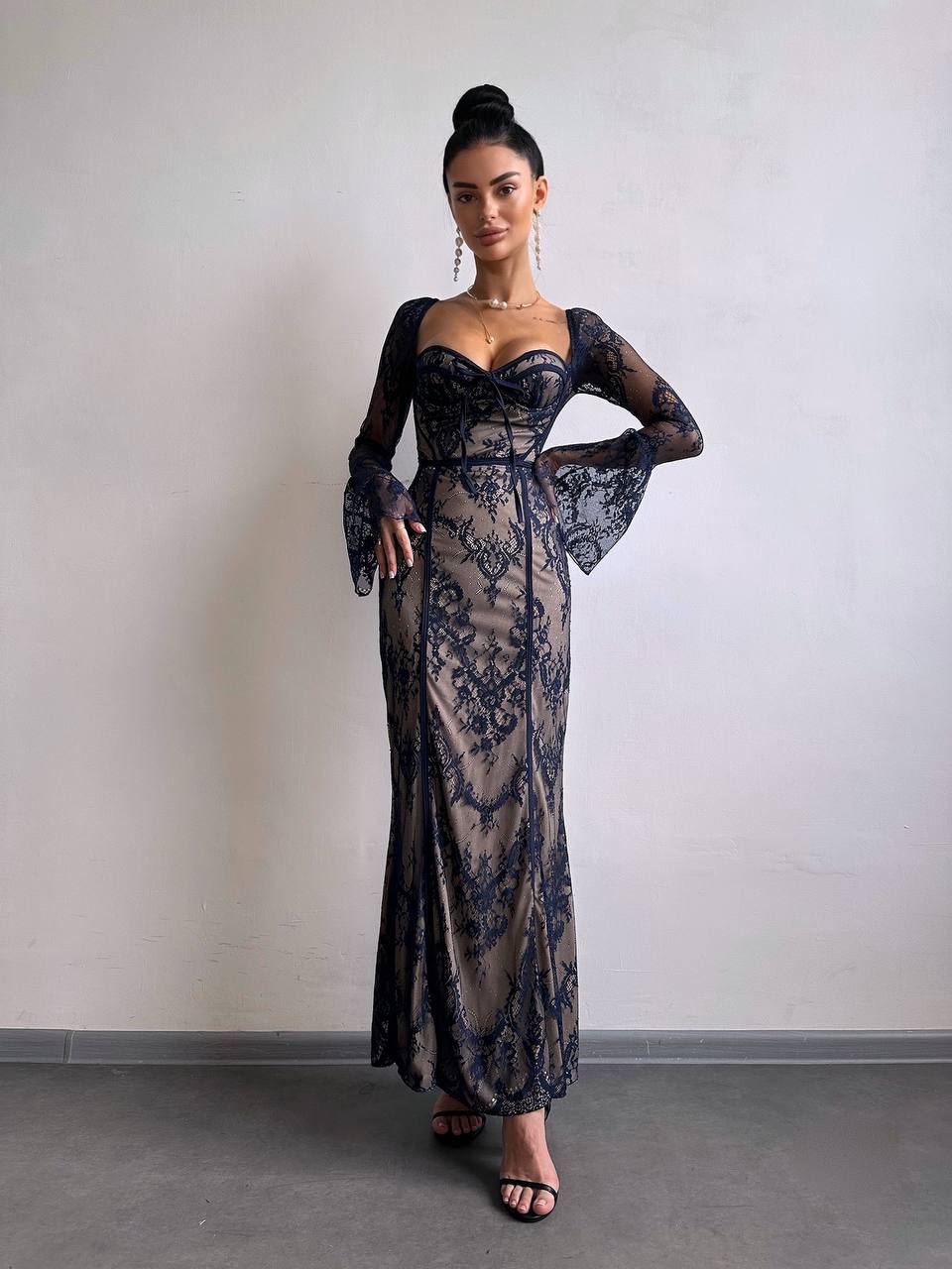 Lace Corset Maxi Dress, Long Sleeve Romantic Evening Dress, Vintage Style Slim Fit Party Gown, Occasion Dress, Cocktail Dress, Clothing Gift