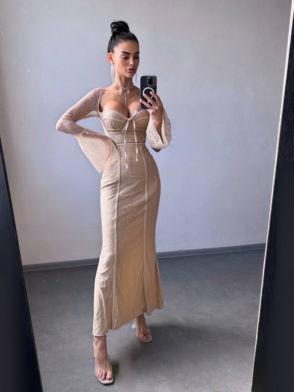 Lace Corset Maxi Dress, Long Sleeve Romantic Evening Dress, Vintage Style Slim Fit Party Gown, Occasion Dress, Cocktail Dress, Clothing Gift