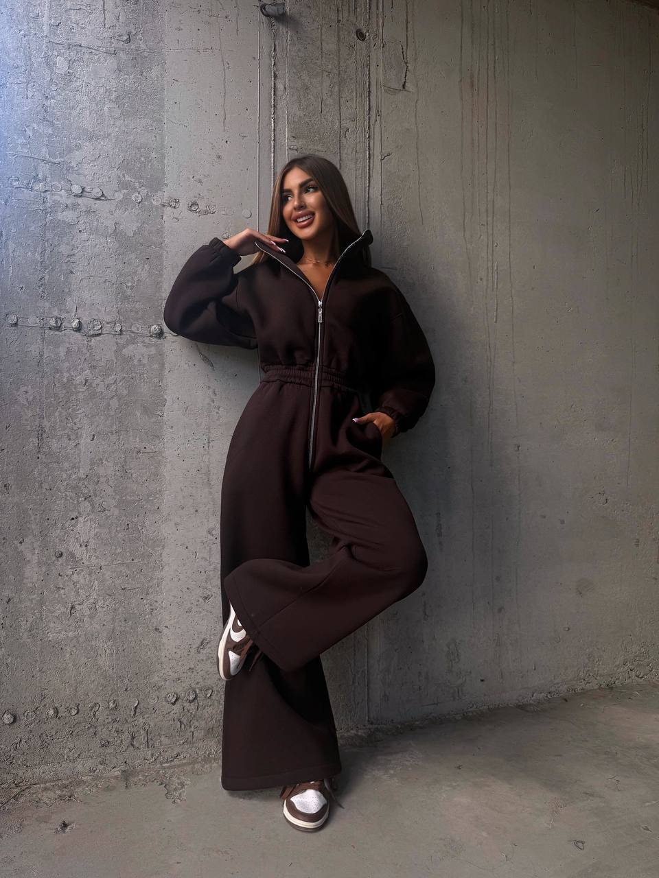 Fleece Lined Jumpsuit for Women, Thermal Cozy Romper with Wide Leg Pants, Long Sleeve Zip Up Sweatshirt Jumpsuit, Fall Winter Loungewear Set