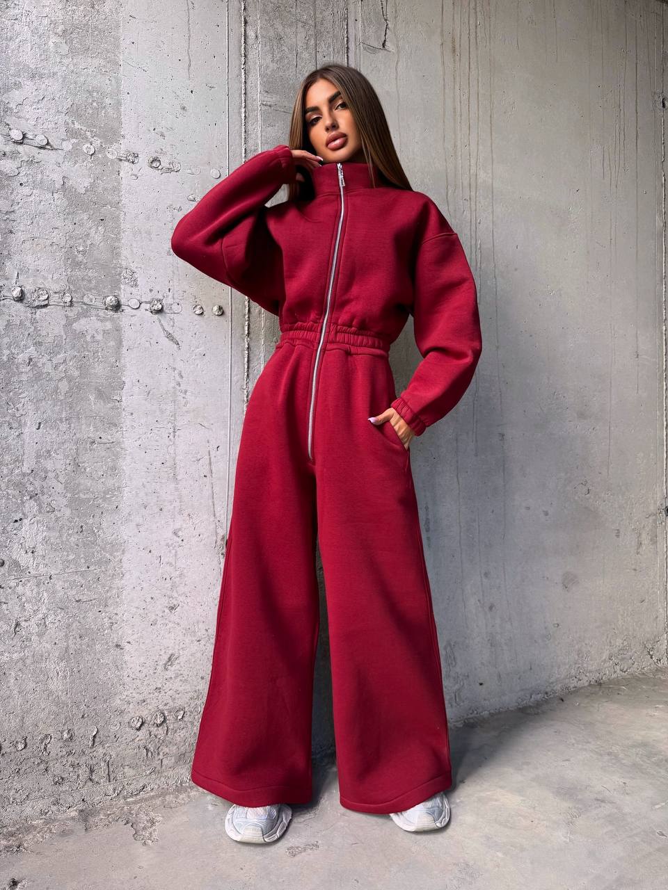Fleece Lined Jumpsuit for Women, Thermal Cozy Romper with Wide Leg Pants, Long Sleeve Zip Up Sweatshirt Jumpsuit, Fall Winter Loungewear Set