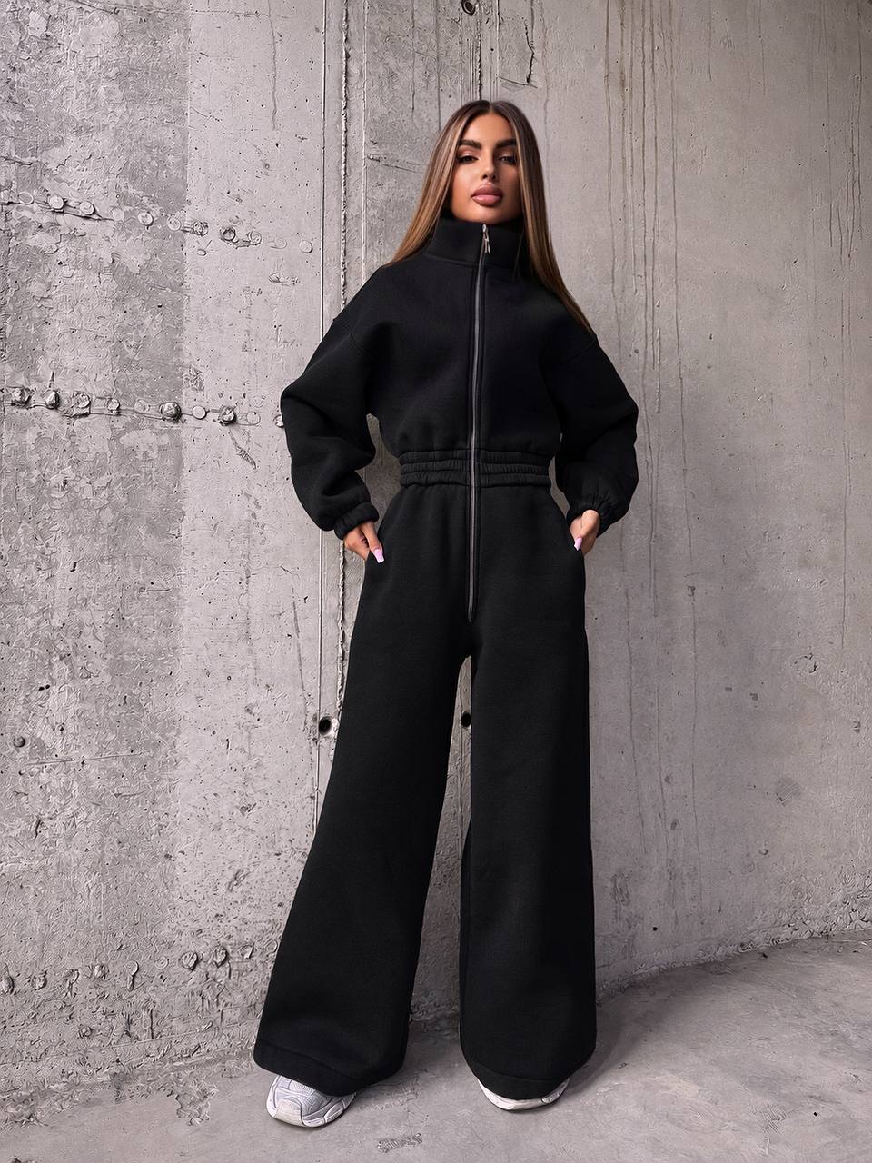 Fleece Lined Jumpsuit for Women, Thermal Cozy Romper with Wide Leg Pants, Long Sleeve Zip Up Sweatshirt Jumpsuit, Fall Winter Loungewear Set