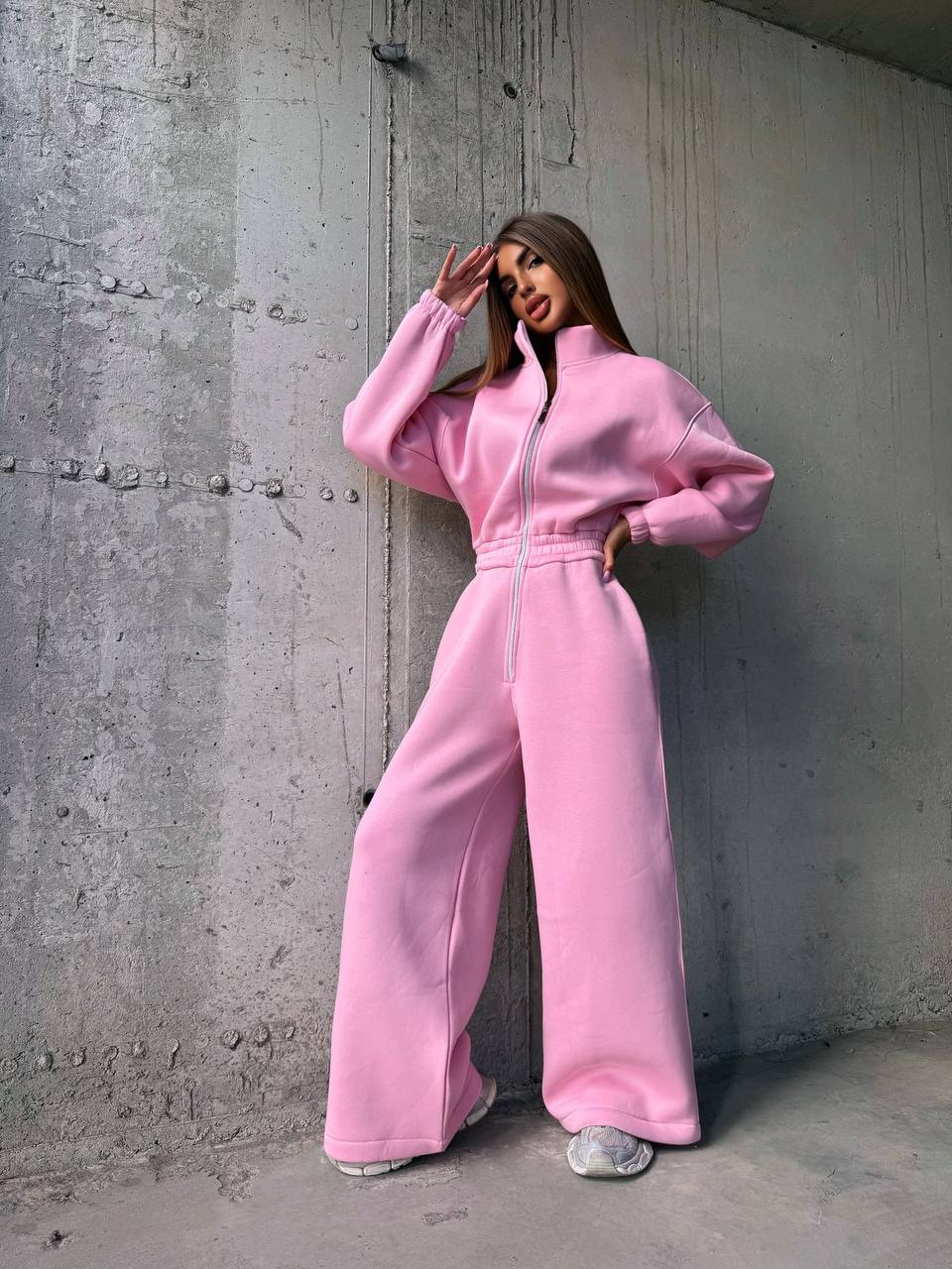 Fleece Lined Jumpsuit for Women, Thermal Cozy Romper with Wide Leg Pants, Long Sleeve Zip Up Sweatshirt Jumpsuit, Fall Winter Loungewear Set