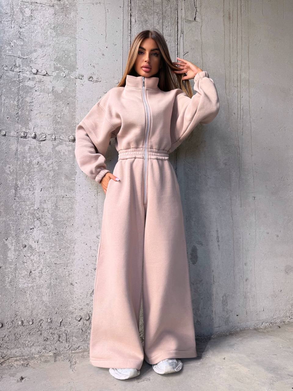 Fleece Lined Jumpsuit for Women, Thermal Cozy Romper with Wide Leg Pants, Long Sleeve Zip Up Sweatshirt Jumpsuit, Fall Winter Loungewear Set