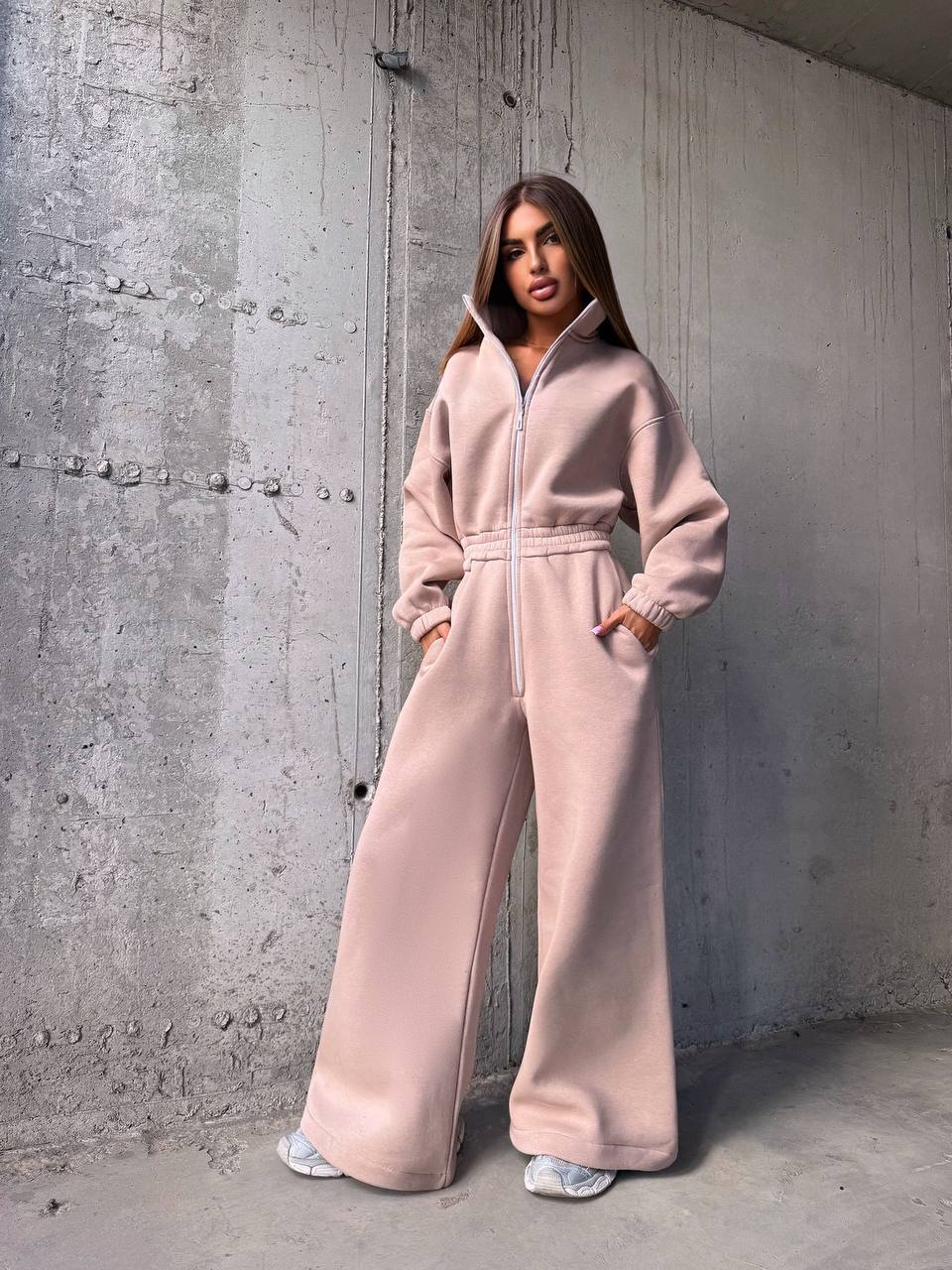 Fleece Lined Jumpsuit for Women, Thermal Cozy Romper with Wide Leg Pants, Long Sleeve Zip Up Sweatshirt Jumpsuit, Fall Winter Loungewear Set