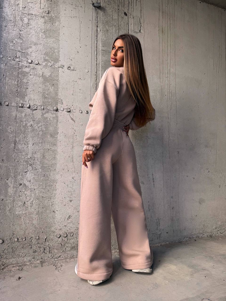 Fleece Lined Jumpsuit for Women, Thermal Cozy Romper with Wide Leg Pants, Long Sleeve Zip Up Sweatshirt Jumpsuit, Fall Winter Loungewear Set