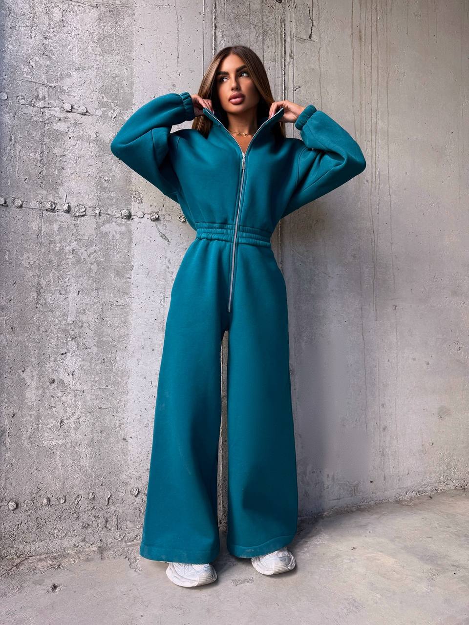 Fleece Lined Jumpsuit for Women, Thermal Cozy Romper with Wide Leg Pants, Long Sleeve Zip Up Sweatshirt Jumpsuit, Fall Winter Loungewear Set