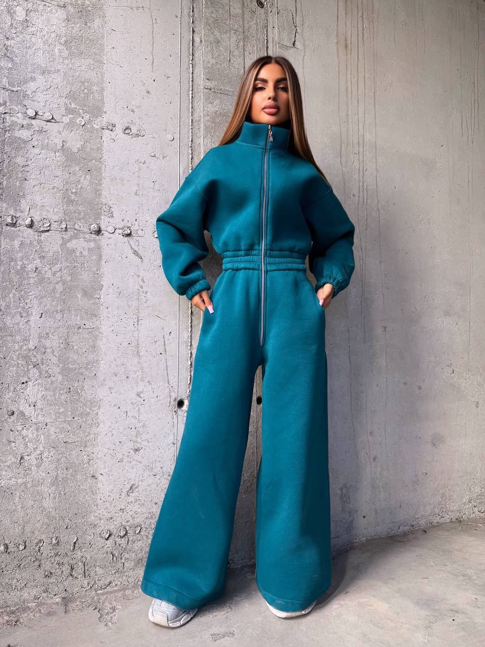 Fleece Lined Jumpsuit for Women, Thermal Cozy Romper with Wide Leg Pants, Long Sleeve Zip Up Sweatshirt Jumpsuit, Fall Winter Loungewear Set