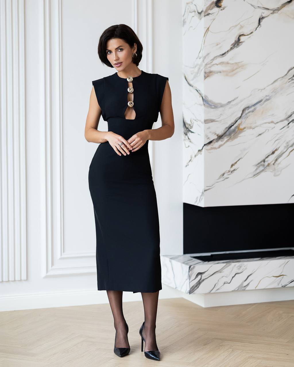 Elegant Midi Pencil Dress with Gold Hardware, Sleeveless Structured Evening Cocktail Dress, Party Dress, Wedding Guest Dress, Clothing Gift